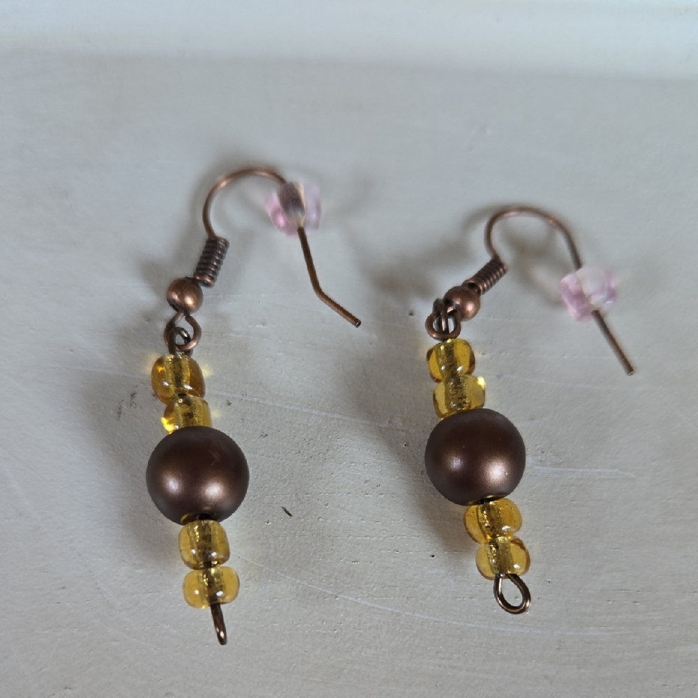 E-023-Handcrafted Dangle Earrings with Brown Bead and Citrine Accent Beads